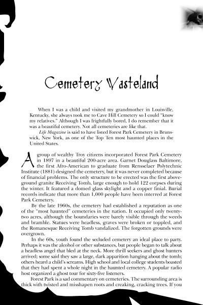 A black-and-white page in Empire State Ghosts by Schiffer Publishing, Ltd. features a decorative graveyard border and recounts Forest Park Cemetery’s decline, blending memories with haunting tales from New York's eerie history.
