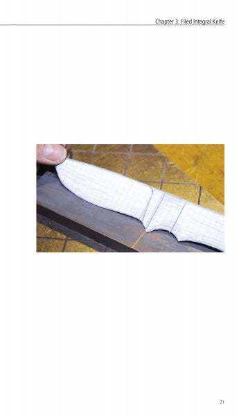 A knifemaker holds a partially finished integral knife blank on a sharpening stone, shown over a yellow work surface in "Making Integral Knives" by Schiffer Publishing, Ltd., a book/manual about knife making.