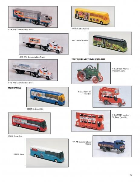 The Encyclopedia of Matchbox Toys by Schiffer Publishing, Ltd. showcases diecast vehicles—trucks, buses, vintage cars, and trains—with product names and codes, offering collectors clear photos on a white background for easy reference.