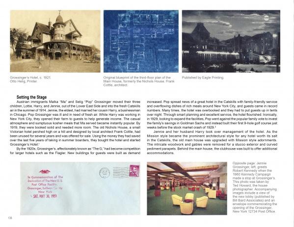 A page from *Catskill Resorts: Lost Architecture of Paradise* by Schiffer Publishing, Ltd. features three historical Grossinger’s Hotel images and a vintage lounge photo, plus text on the hotel’s history, Borscht Belt culture, and Jennie Grossinger.
