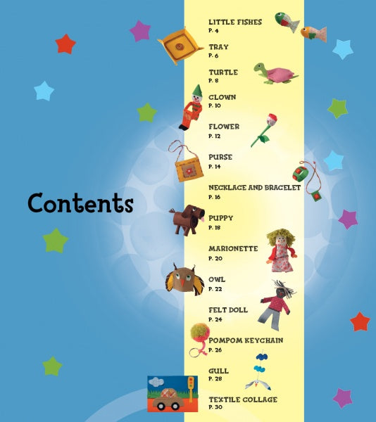 A vibrant table of contents from Schiffer Publishing, Ltd.'s children's craft book "Cloth" features a yellow strip listing projects like little fishes, necklace, puppy, and owl, each with images, on a starry blue background.