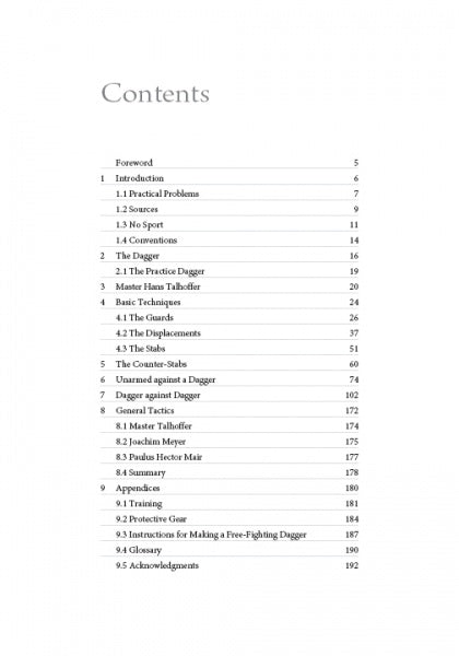 The table of contents for Dagger Fighting by Schiffer Publishing, Ltd. lists chapters and sections with page numbers on introductions, practical problems, medieval combat, Hans Talhoffer’s dagger fencing, training drills, and a brief summary.