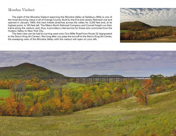 The image from Schiffer Publishing, Ltd.'s "Historic Hudson Valley" shows a long railway viaduct spanning a green valley with autumn trees and rolling hills under a partly cloudy sky, evoking classic Hudson River School landscapes.