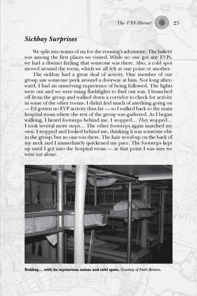 A black-and-white page from "Ghost Stories and Legends of Alameda, Berkeley, and Oakland" (Schiffer Publishing, Ltd.) tells of an eerie USS Hornet sickbay, with empty beds and pipes—ghosts in Alameda said to linger amid mysterious noises and cold spots.