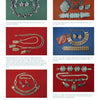 A catalog page showcases "Identifying Sarah Coventry Jewelry, 1949-2009" by Schiffer Publishing, Ltd., featuring vivid photos and detailed captions of vintage necklaces, bracelets, and earrings with clear pricing below each set.