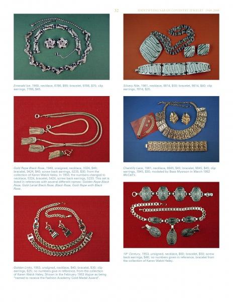 A catalog page showcases "Identifying Sarah Coventry Jewelry, 1949-2009" by Schiffer Publishing, Ltd., featuring vivid photos and detailed captions of vintage necklaces, bracelets, and earrings with clear pricing below each set.