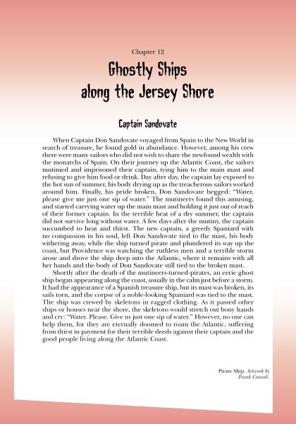 A page from Schiffer Publishing, Ltd.'s Folklore of the New Jersey Shore shares the eerie tale of Captain Sandovate and his cursed crew, complete with a small ship illustration on a pink and white background.