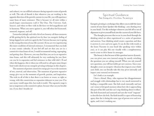 A two-page spread from Schiffer Publishing’s "Your Cosmic Compass": the left page explores growth and resistance, while the right outlines the Energetic Proximity Technique for aligning with your cosmic calendar.