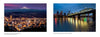 Two photos from "Greater Portland, Oregon" by Schiffer Publishing, Ltd.: one shows city lights with Mount Hood at dusk, the other captures downtown and Hawthorne Bridge glowing over the Willamette—ideal for Portland photography lovers.