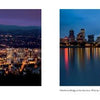 Two photos from "Greater Portland, Oregon" by Schiffer Publishing, Ltd.: one shows city lights with Mount Hood at dusk, the other captures downtown and Hawthorne Bridge glowing over the Willamette—ideal for Portland photography lovers.