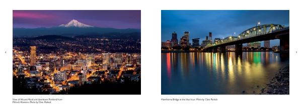 Two photos from "Greater Portland, Oregon" by Schiffer Publishing, Ltd.: one shows city lights with Mount Hood at dusk, the other captures downtown and Hawthorne Bridge glowing over the Willamette—ideal for Portland photography lovers.