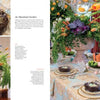 A spring table setting inspired by "Four Seasons of Entertaining" by Schiffer Publishing, Ltd., with tulips, carrots, greenery, painted eggs, a decorative rabbit, and small nests; close-ups show a nest with eggs and a vase of orange tulips and carrots.