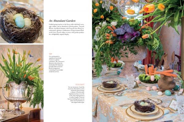 A spring table setting inspired by "Four Seasons of Entertaining" by Schiffer Publishing, Ltd., with tulips, carrots, greenery, painted eggs, a decorative rabbit, and small nests; close-ups show a nest with eggs and a vase of orange tulips and carrots.