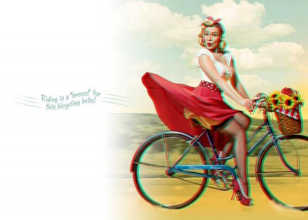 Celeste Giuliano's Pin-ups in 3-D by Schiffer Publishing, Ltd. features a vintage-style pin-up girl in a red skirt and polka-dot headband riding a blue bike with sunflowers. Retro 3-D art captures the “breezy” spirit of this bicycling belle!.