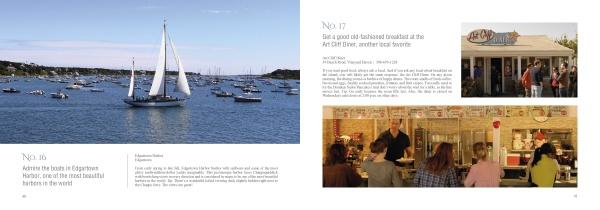 A sailboat glides on the bay at Martha's Vineyard as people line up at a retro diner—just one scene you'll find in Schiffer Publishing, Ltd.'s "101 Things to Do in Martha's Vineyard," your essential guide to local boating, dining, and activities.
