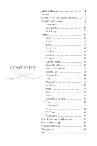 Currier and Ives Dinnerware: Table of Contents