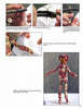 Four step-by-step photos show hands assembling a Gourd Puppets and Dolls kit from Schiffer Publishing, Ltd., threading string through the fabric figure and attaching it to the wooden control bar—ideal for creative DIY projects.