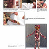 Four step-by-step photos show hands assembling a Gourd Puppets and Dolls kit from Schiffer Publishing, Ltd., threading string through the fabric figure and attaching it to the wooden control bar—ideal for creative DIY projects.
