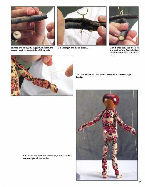 Four step-by-step photos show hands assembling a Gourd Puppets and Dolls kit from Schiffer Publishing, Ltd., threading string through the fabric figure and attaching it to the wooden control bar—ideal for creative DIY projects.