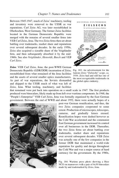 A page in *An Encyclopedia of German Tradenames and Trademarks 1900-1945* (Schiffer Publishing, Ltd.) showcases Zeiss’s post-WWII history with photos of a ZEISSCHS logo, a binoculars ad, and wartime lens production for German militaria.