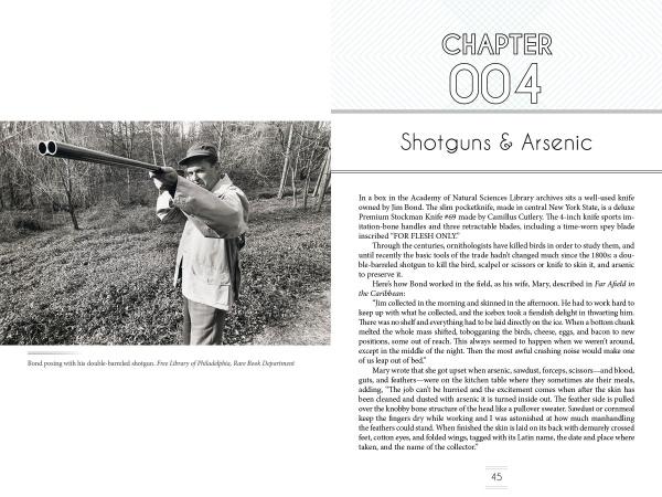 Black and white photo of a man outdoors with a shotgun, wearing a hat and jacket. The Real James Bond by Schiffer Publishing, Ltd.; page heading: CHAPTER 004: Shotguns & Arsenic—a nod to James Bond and Birds of the West Indies; page 45 below.
