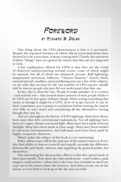 In "UFOs Above the Law" by Schiffer Publishing, Ltd., the “Foreword” by Richard M. Dolan explores UFO sightings, police reports, skepticism, and misinterpretations, presented in serif text on a white page.