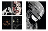 PosterSpy by Schiffer Publishing, Ltd.: Four grayscale pop culture film art prints—shadowed man, bloodied woman, Batman with Robin in the Batmobile at night, and RoboCop’s helmet—reimagined as alternative movie poster illustrations.