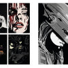 PosterSpy by Schiffer Publishing, Ltd.: Four grayscale pop culture film art prints—shadowed man, bloodied woman, Batman with Robin in the Batmobile at night, and RoboCop’s helmet—reimagined as alternative movie poster illustrations.