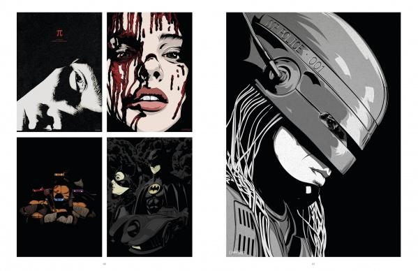 PosterSpy by Schiffer Publishing, Ltd.: Four grayscale pop culture film art prints—shadowed man, bloodied woman, Batman with Robin in the Batmobile at night, and RoboCop’s helmet—reimagined as alternative movie poster illustrations.