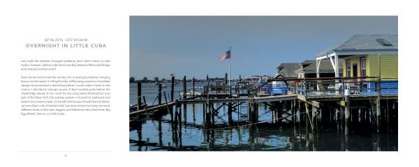 A pier with rustic wooden buildings, including a yellow one, stretches over calm water under a blue sky. Boats are docked nearby and an American flag flies—a scene from "Archipelago New York" by Schiffer Publishing, Ltd.