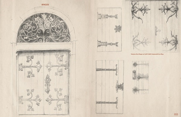 Discover Thomas Wilson's Ironwork Notebooks from Schiffer Publishing, Ltd.—featuring detailed pencil sketches of ornate wooden doors with wrought iron hinges and scrollwork, plus close-up blacksmith designs on light textured backgrounds for creative inspiration.