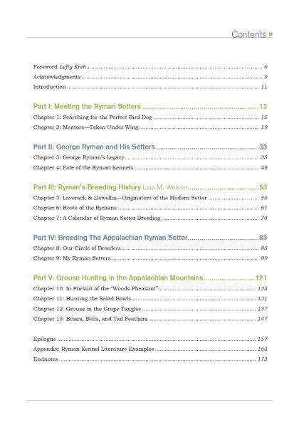Table of contents page for The Real Ryman Setter: A History with Stories from the Appalachian Grouse Covers by Schiffer Publishing, Ltd., listing sections on Ryman English Setters, George Ryman's history, and grouse hunting with page numbers.