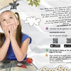 A young girl sits at a table with colored pencils, looking up thoughtfully. Around her are cartoon doodles and app download links for The Hungry Wolf by Schiffer Publishing, Ltd., all set on a crumpled paper background.
