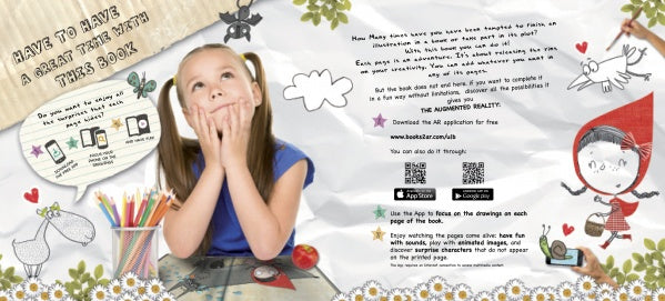 A young girl sits at a table with colored pencils, looking up thoughtfully. Around her are cartoon doodles and app download links for The Hungry Wolf by Schiffer Publishing, Ltd., all set on a crumpled paper background.
