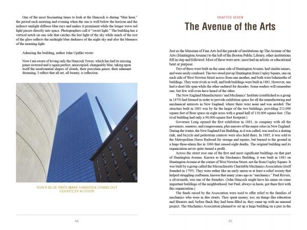 A photo of tall buildings under a blue sky in Copley Square Back Bay, sunlight on glass. Caption: SUN’S BLUE RAYS MAKE HANCOCK STAND OUT. COURTESY AUTHOR. Surrounding text is from Building Boston, Schiffer Publishing, Ltd.