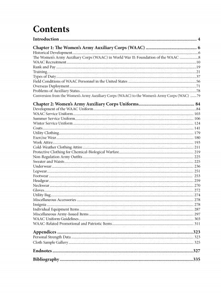 Table of contents page from *Women For Victory Vol 2* by Schiffer Publishing, Ltd., listing chapters on the Women’s Army Auxiliary Corps: WWII uniforms, insignia, equipment, publications, bibliography. Page numbers aligned right.