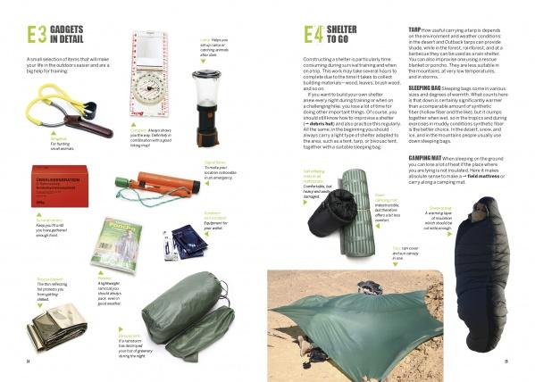 A two-page magazine spread showcases The Global Outdoor Survival Guide by Schiffer Publishing, Ltd., with photos, tips on gear and shelters, plus advice on wilderness skills and outdoor survival for your next ecotour.