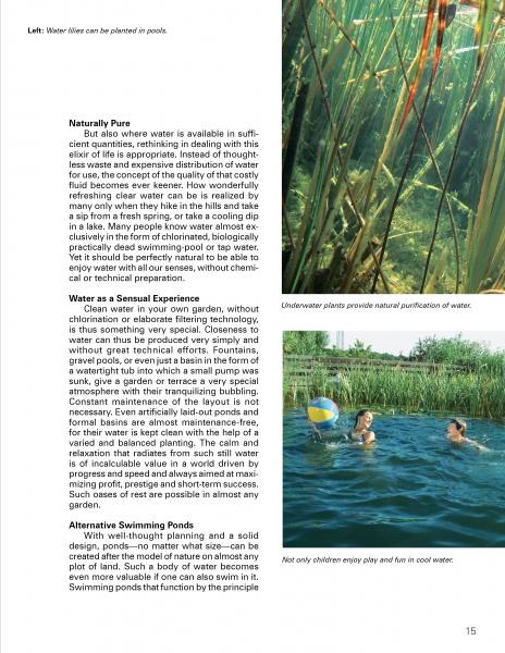 A magazine page highlights Swimming Ponds by Schiffer Publishing, Ltd., with two photos: one of underwater plants and roots, and another of children playing ball in a clear, plant-lined garden pond.