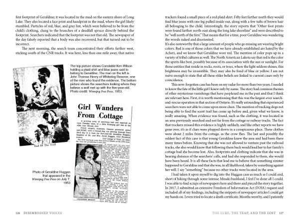 A two-page spread from "Disembodied Voices" by Schiffer Publishing, Ltd., displays columned text and two black-and-white newspaper clippings about a missing girl, including the headline "Girl Wanders From Cottage" and a child's photo.