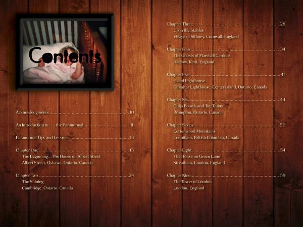 A wooden background holds a framed baby photo with “Contents” above it. The table lists true ghost stories, chapters, and locations from Paranormal Canadian Tales by Schiffer Publishing, Ltd., with page numbers on the right.