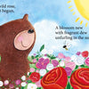 A smiling brown bear stands among colorful roses under a bright sun while a bee flies nearby. Text reads: A poem is a firefly, a promise just begun, just like children's poetry glowing in the sun. Schiffer Publishing, Ltd.
