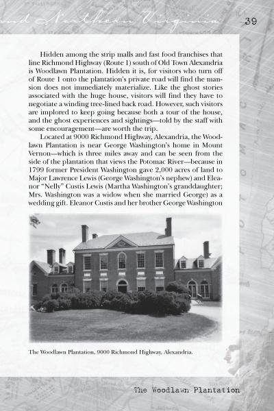 A black-and-white page from "Haunted Alexandria & Northern Virginia" by Schiffer Publishing, Ltd. features text on the haunted Woodlawn Plantation and a photo of its historic brick house. Caption: “The Woodlawn Plantation, 9000 Richmond Highway, Alexandria.”.