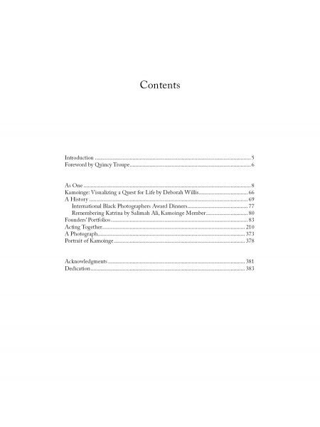 The table of contents page from "Timeless" by Schiffer Publishing, Ltd. features sections like Introduction, Foreword, As One, and Kamonge: Visualizing a Quest for Life, celebrating the artistry of Black photographers in the Kamoinge Workshop.