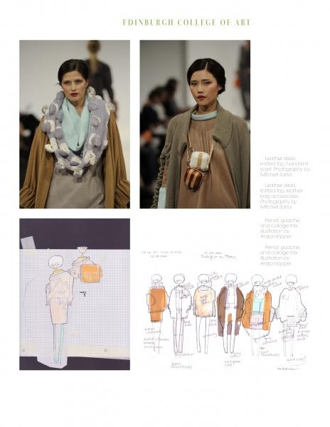 Two fashion design students wear layered looks with scarves and pouches. Below, sketches and notes show garment concepts. “Europe: Rising Fashion Designers” by Schiffer Publishing, Ltd. highlights emerging trends.