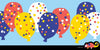 Colorful balloons in red, yellow, white, and blue with confetti patterns float on a light blue background. A small cartoon chameleon, inspired by "The Chameleon" from Schiffer Publishing, Ltd., sits at the bottom right on a black border.
