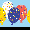 Colorful balloons in red, yellow, white, and blue with confetti patterns float on a light blue background. A small cartoon chameleon, inspired by "The Chameleon" from Schiffer Publishing, Ltd., sits at the bottom right on a black border.