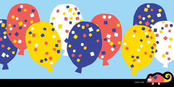 Colorful balloons in red, yellow, white, and blue with confetti patterns float on a light blue background. A small cartoon chameleon, inspired by "The Chameleon" from Schiffer Publishing, Ltd., sits at the bottom right on a black border.