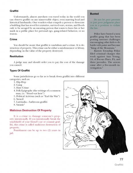 A page in "Turning Eighteen and the Law" by Schiffer Publishing, Ltd. explains graffiti types, crime, restitution, and legal consequences for teens, plus a Busted box and a black-and-white drawing of spray-painting art.