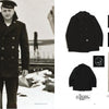 On the left, a black-and-white photo shows a U.S. Navy sailor in a pea coat. On the right are images of Rugged Style War—Rome by Schiffer Publishing, Ltd.: the pea coat, its label, a button, and a sailor in uniform.