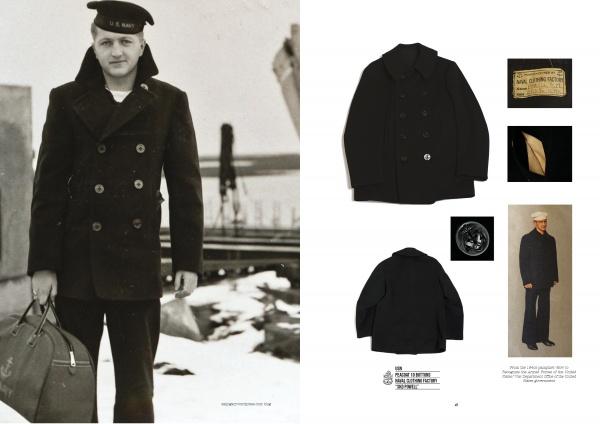 On the left, a black-and-white photo shows a U.S. Navy sailor in a pea coat. On the right are images of Rugged Style War—Rome by Schiffer Publishing, Ltd.: the pea coat, its label, a button, and a sailor in uniform.